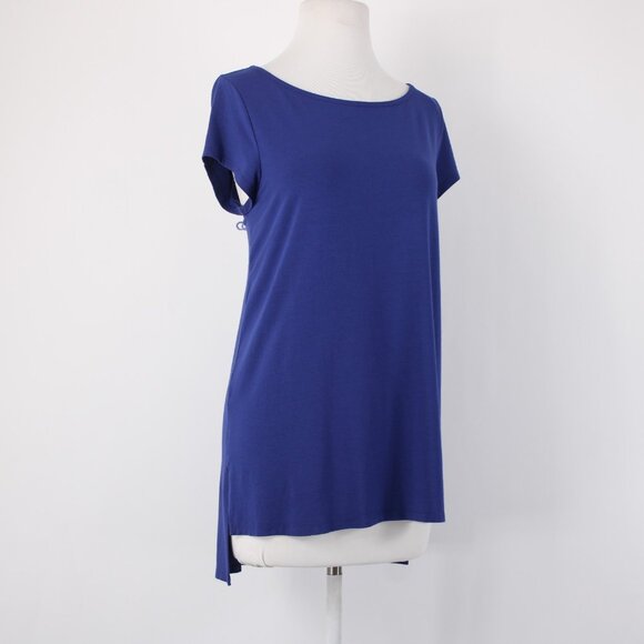 Eileen Fisher Top Sz M Navy Blue Hi Low Short Sleeve Basic Viscose Spandex Top - Picture 6 of 14